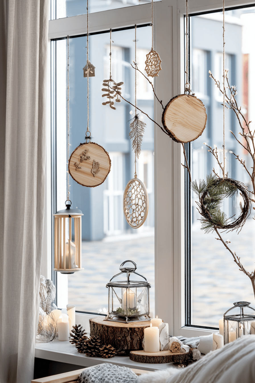 Fensterdekoration mit hängenden Holzornamenten, Laternen und Kerzen.