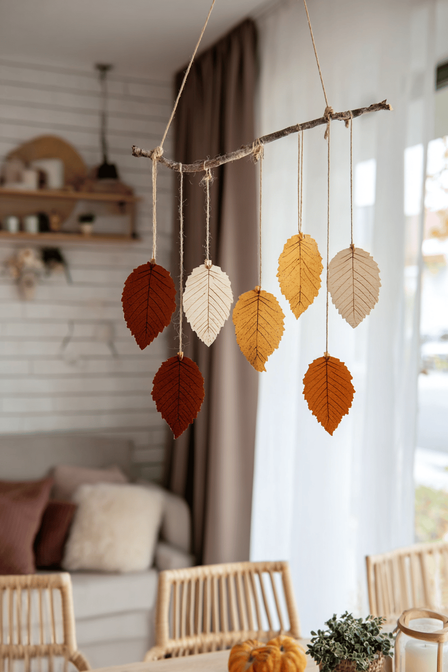 Holzgirlande mit bunten Blättern als Herbstdeko, aufgehängt an einem Ast.