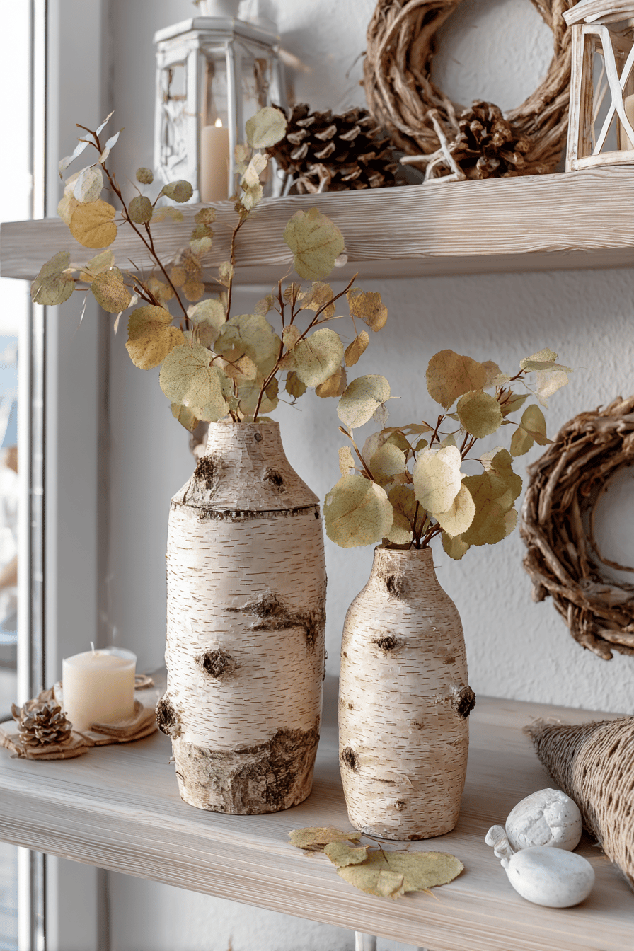 Zwei Holzvasen mit weißer Rinde, die auf einem Regal mit Herbstdeko stehen.
