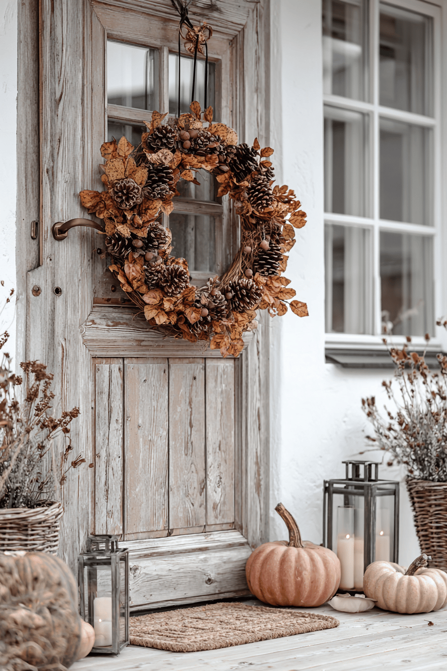 Herbstlicher Türkranz aus Tannenzapfen und Blättern, umgeben von Kürbissen und Laternen.