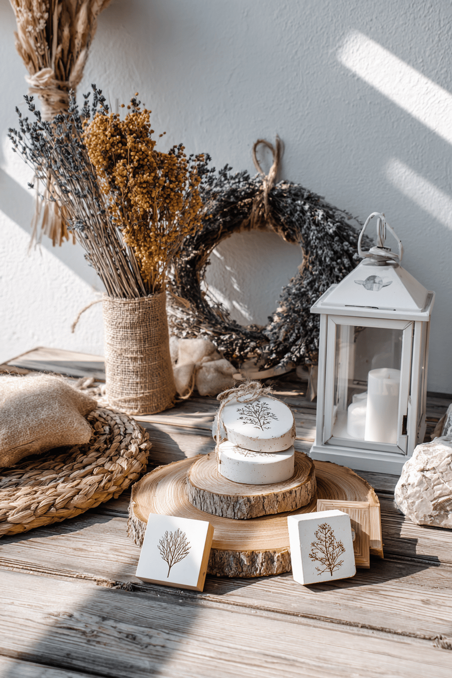 Rustikale Herbstdekoration mit Holzstempeln, getrockneten Blumen und Laterne.
