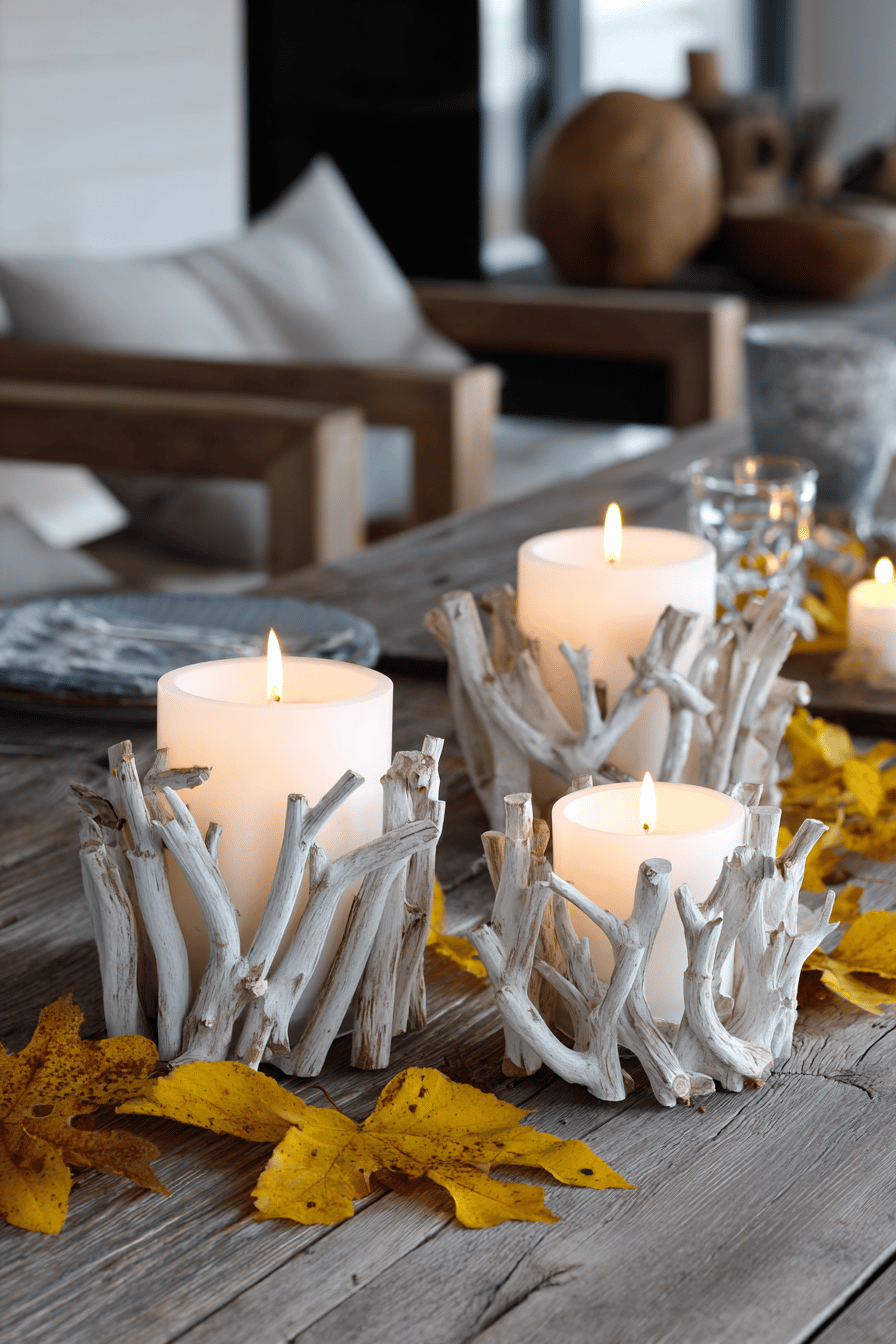 Kerzen in rustikalen Holzhaltern auf einem Holztisch, umgeben von gelben Herbstblättern.
