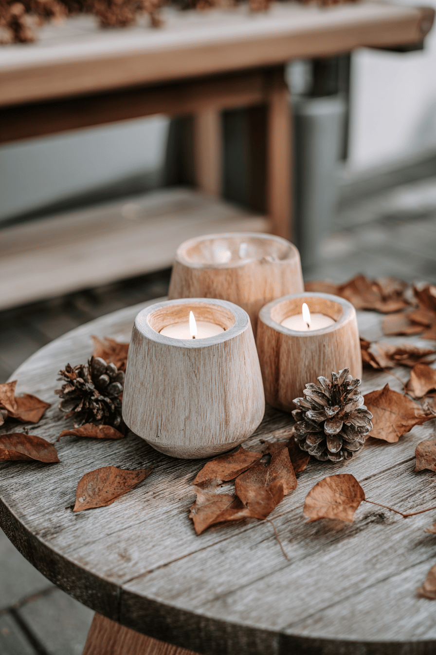 Holzkerzenhalter auf einem Tisch mit Herbstlaub und Tannenzapfen.