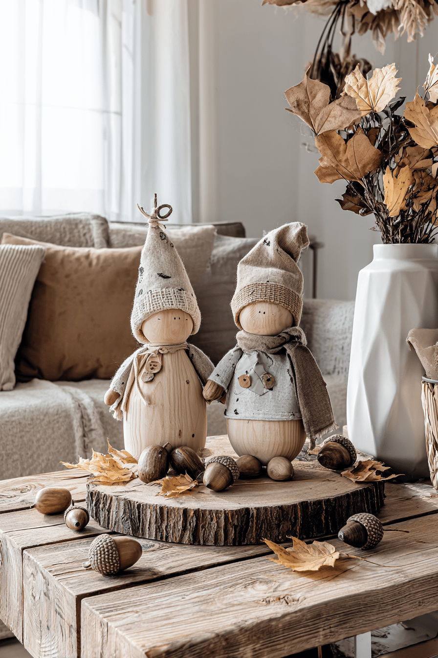 Handgeschnitzte Holzfiguren mit Herbstdekoration auf einem Tisch.