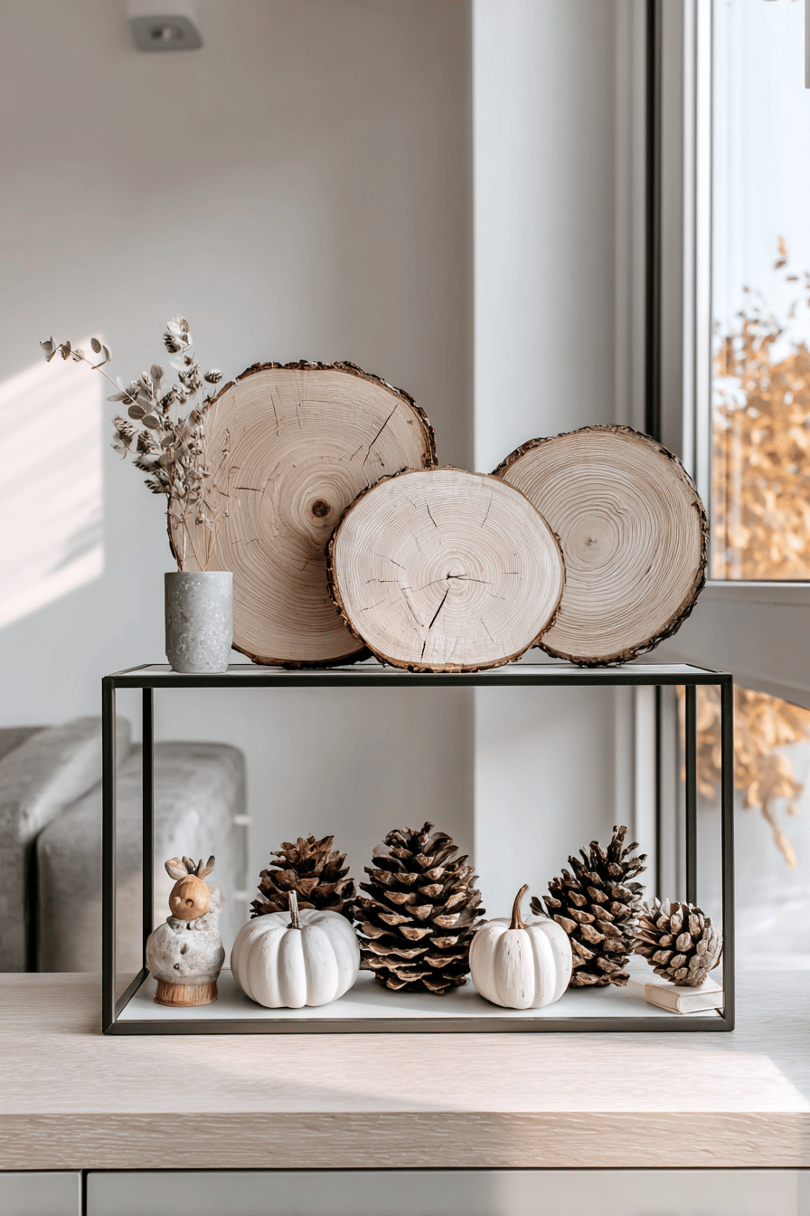 Moderne Herbstdekoration mit Holzscheiben, Tannenzapfen und Mini-Kürbissen.