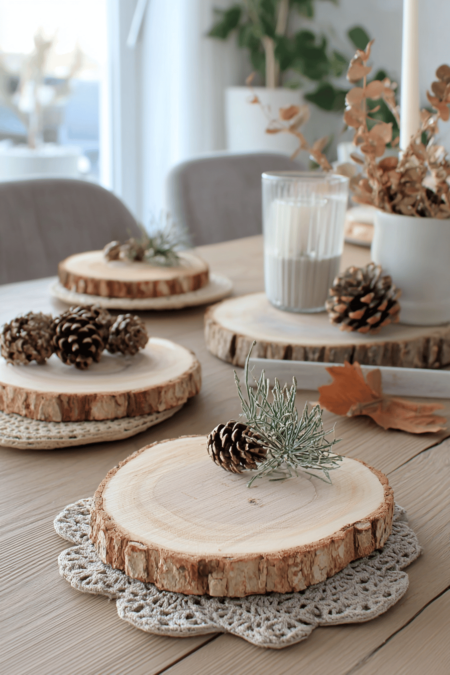 Holzscheiben als rustikale Untersetzer mit Herbstdeko auf einem Tisch.