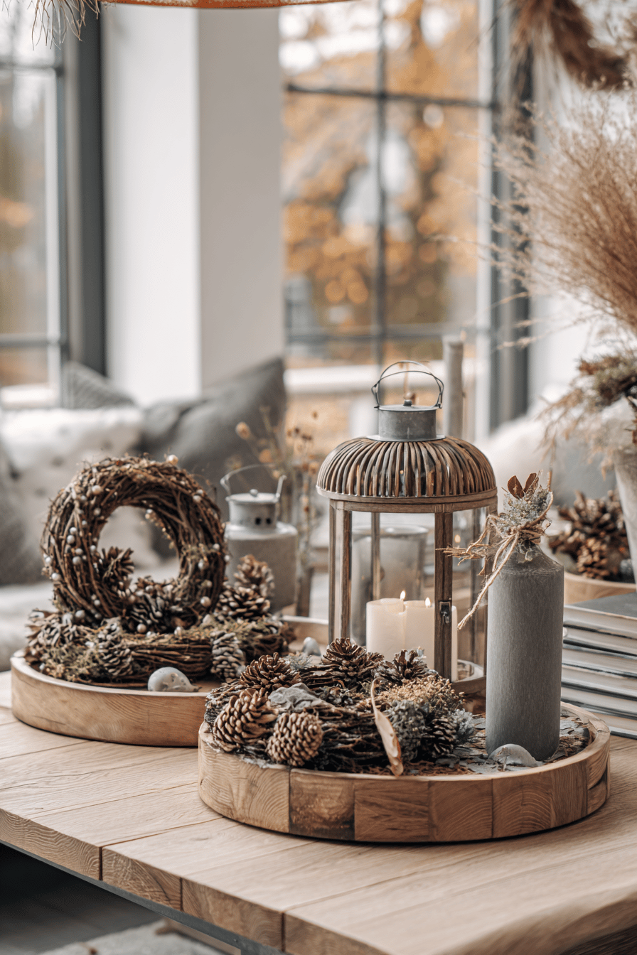 Runde Holztabletts mit herbstlicher Dekoration aus Zapfen und Kerzen.