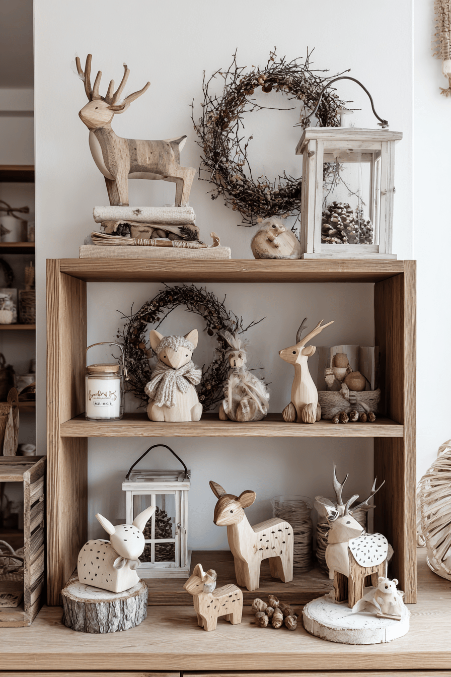 Regal mit handgeschnitzten Holztierfiguren und herbstlicher Dekoration