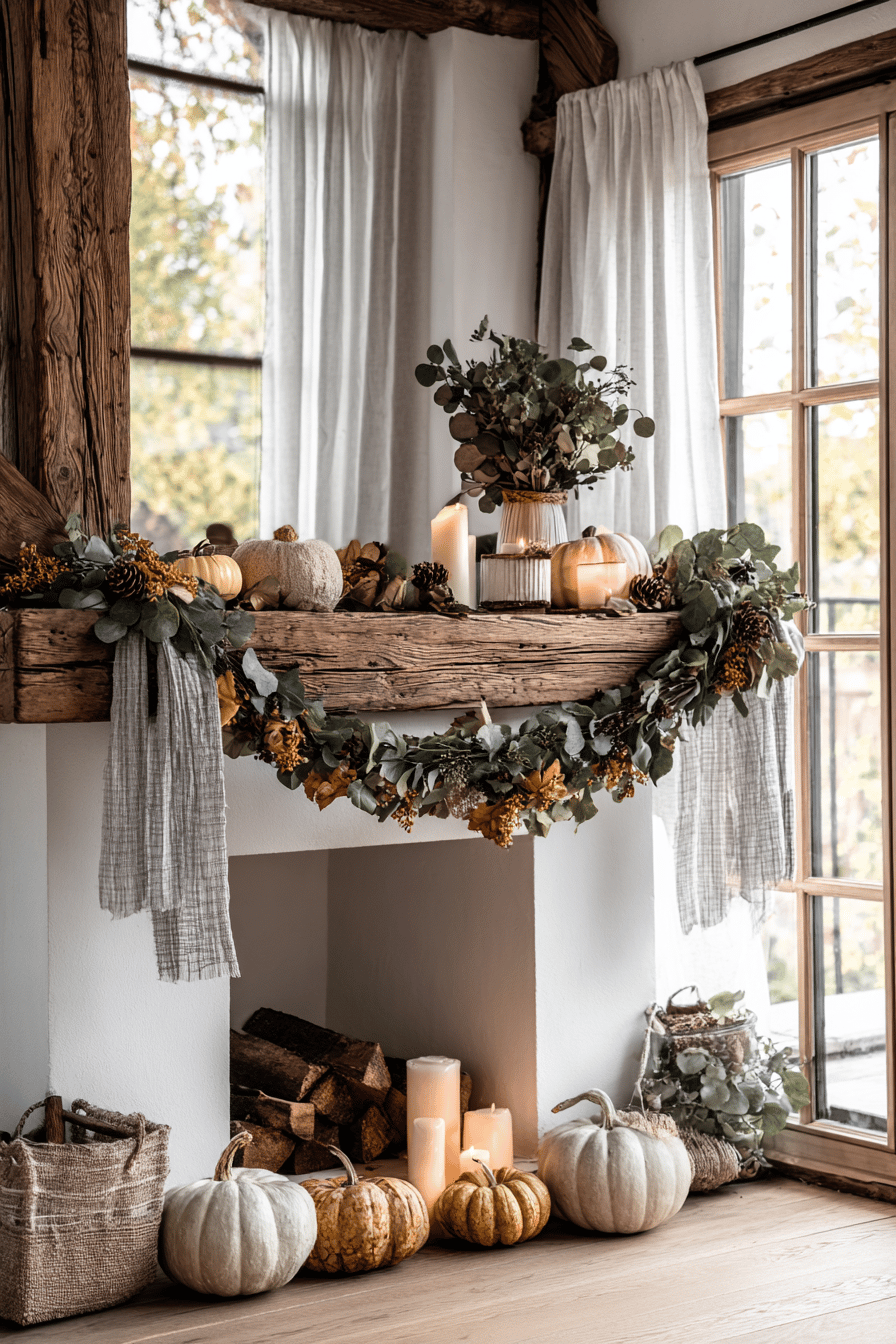 Ein Kamin, dekoriert mit herbstlichen Girlanden, Kürbissen und Kerzen, sorgt für ein gemütliches Ambiente.
