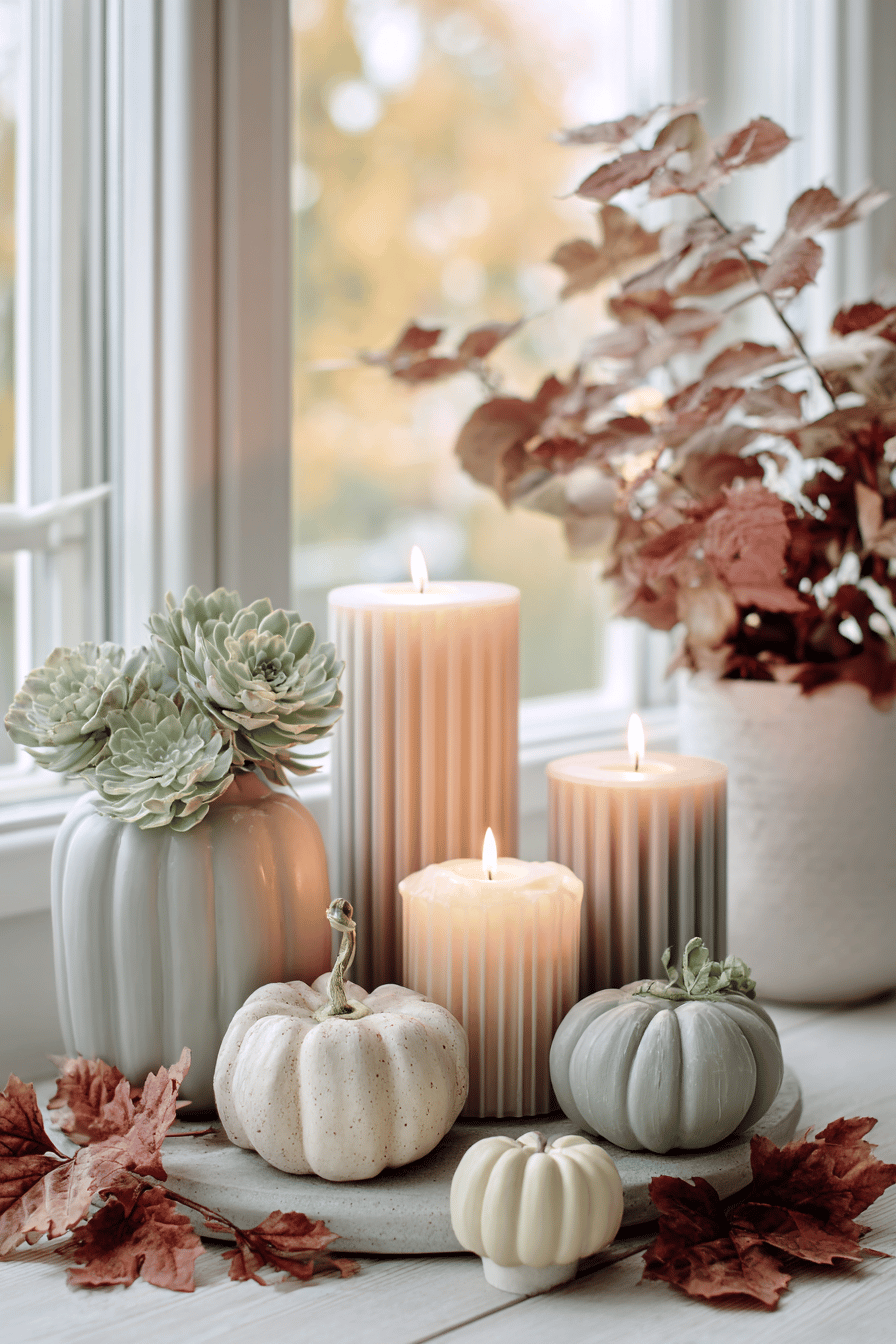 Herbstliches Arrangement aus Kerzen, Zierkürbissen und getrockneten Blättern auf einem Fensterbrett.