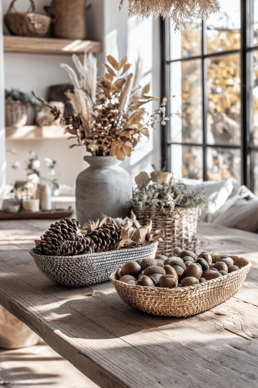 Herbstliche Dekoration mit Körben und Schalen voller Tannenzapfen und Eicheln auf einem Holztisch.