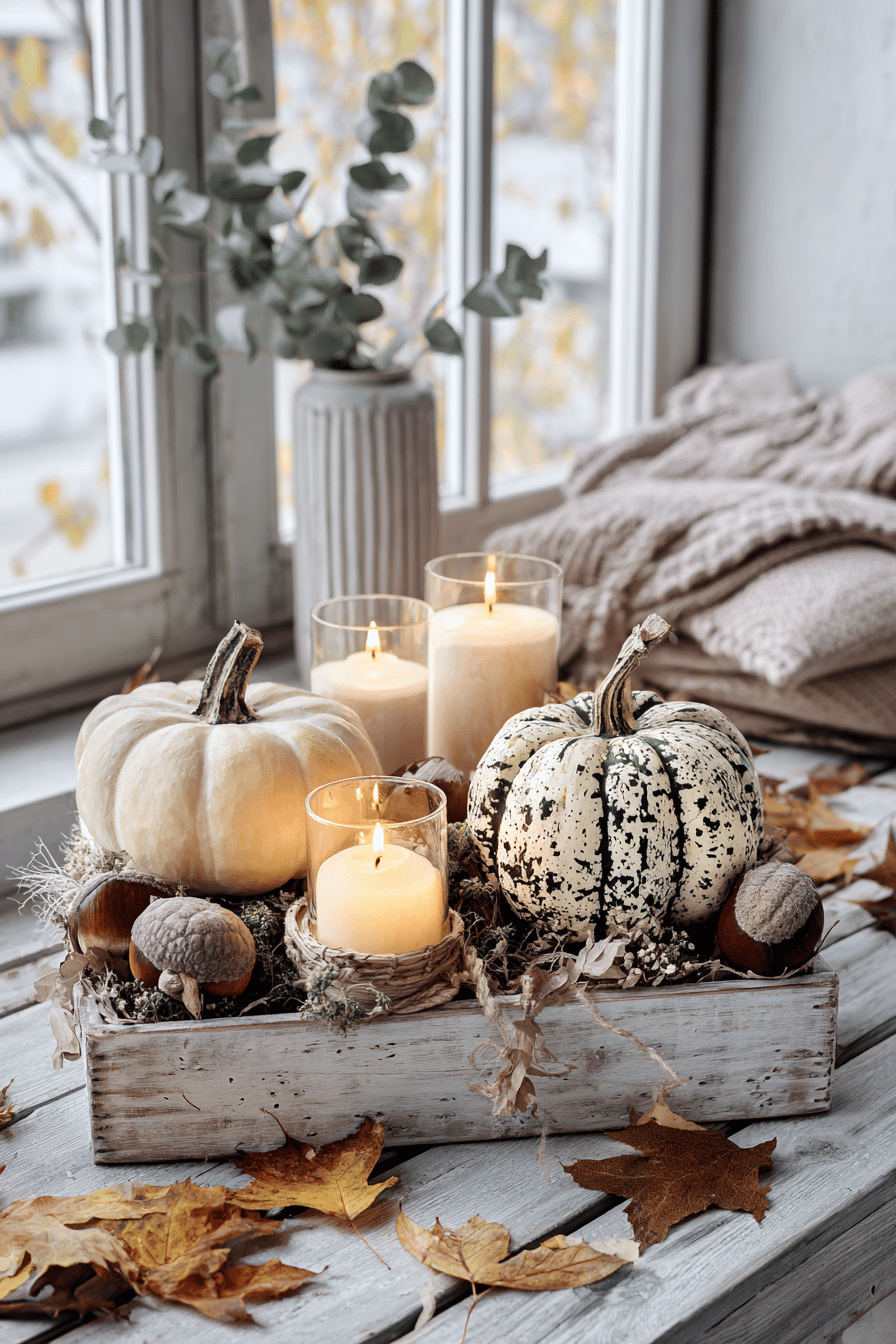 Ein gemütliches Arrangement aus weißen Kürbissen, Kastanien und Kerzen auf einem Holzboden, umgeben von Herbstlaub.