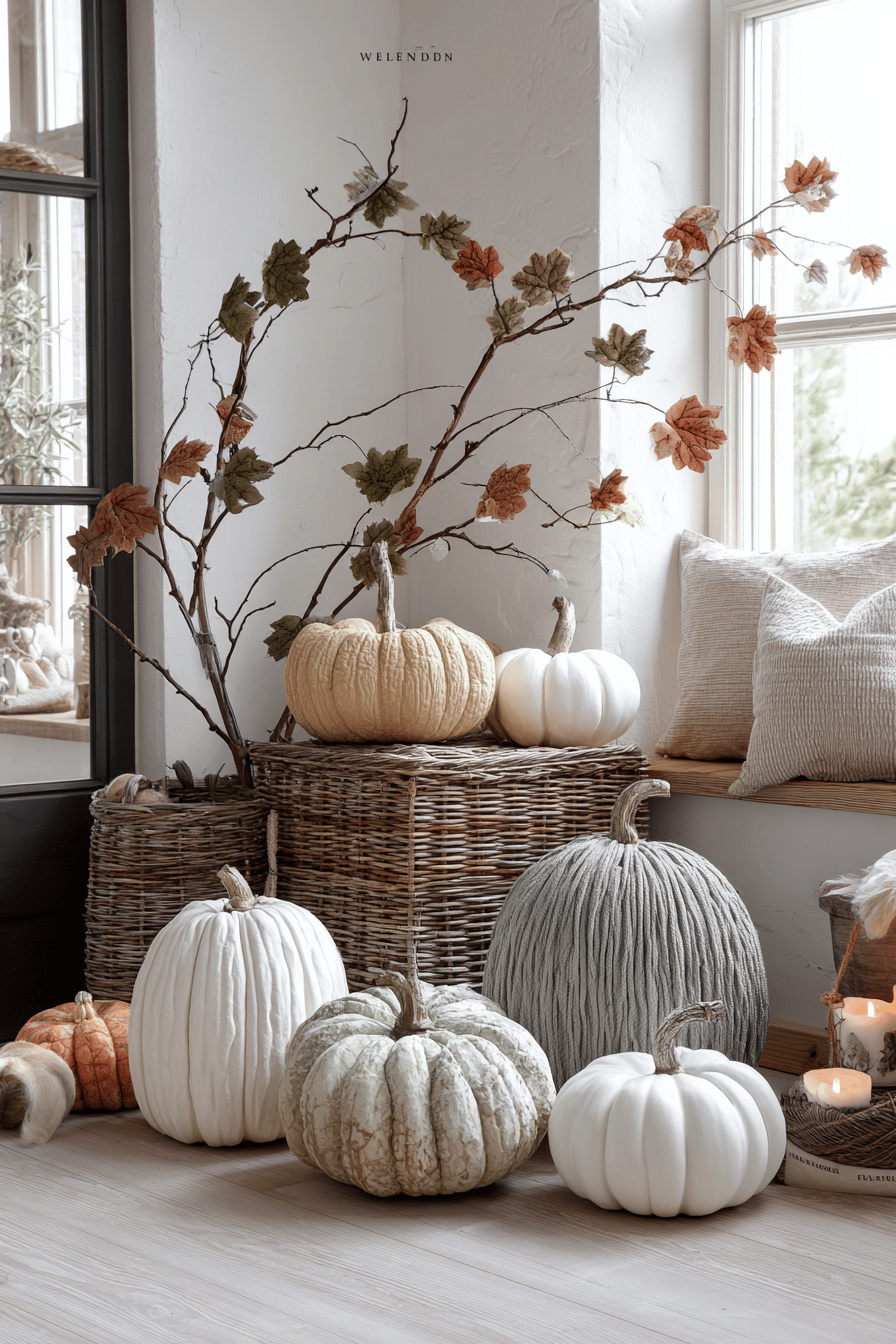 Verschiedene dekorative Kürbisse in einem Raum mit herbstlichen Zweigen und Kissen.