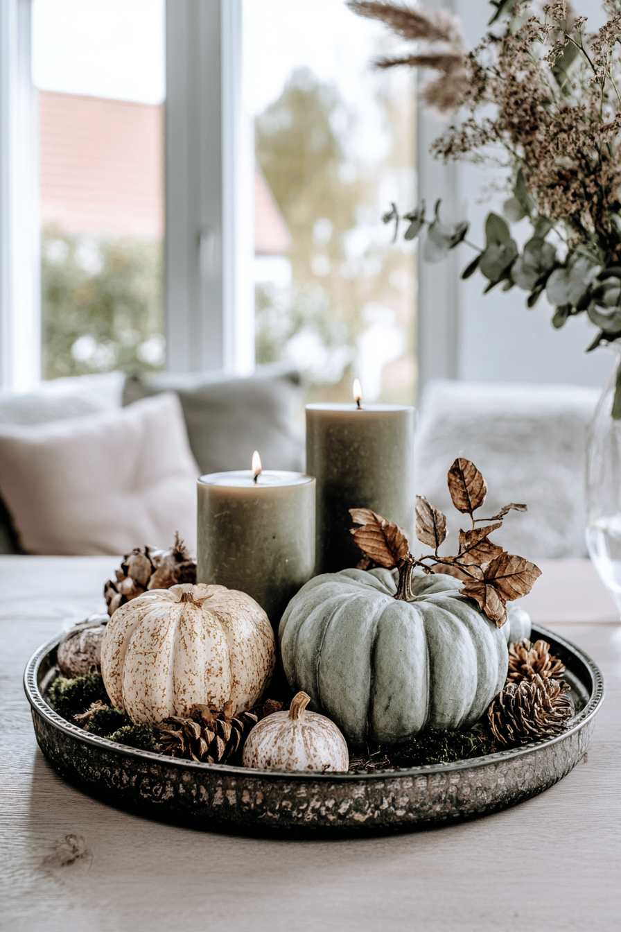 Herbstlich dekoriertes Metalltablett mit Kerzen, Kürbissen und Tannenzapfen.