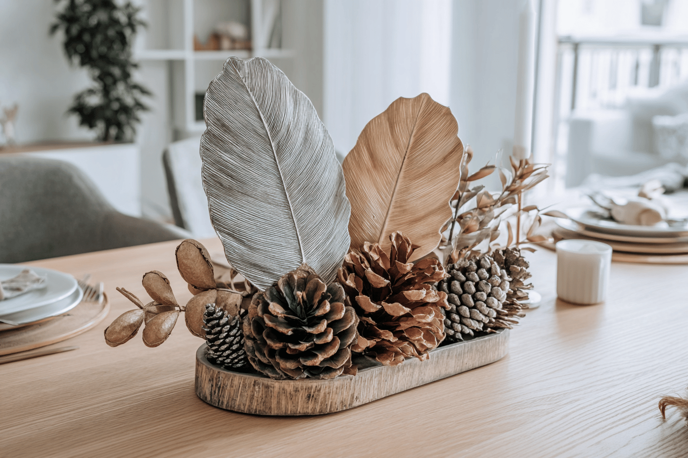 Herbstliche Tischdeko mit Tannenzapfen und Blättern