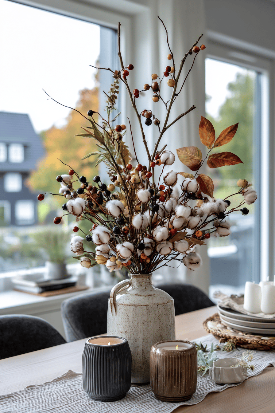 Moderne Herbstdeko mit einer Vase voller Beerenzweige und Baumwolle, begleitet von zwei Kerzen auf einem Tisch.