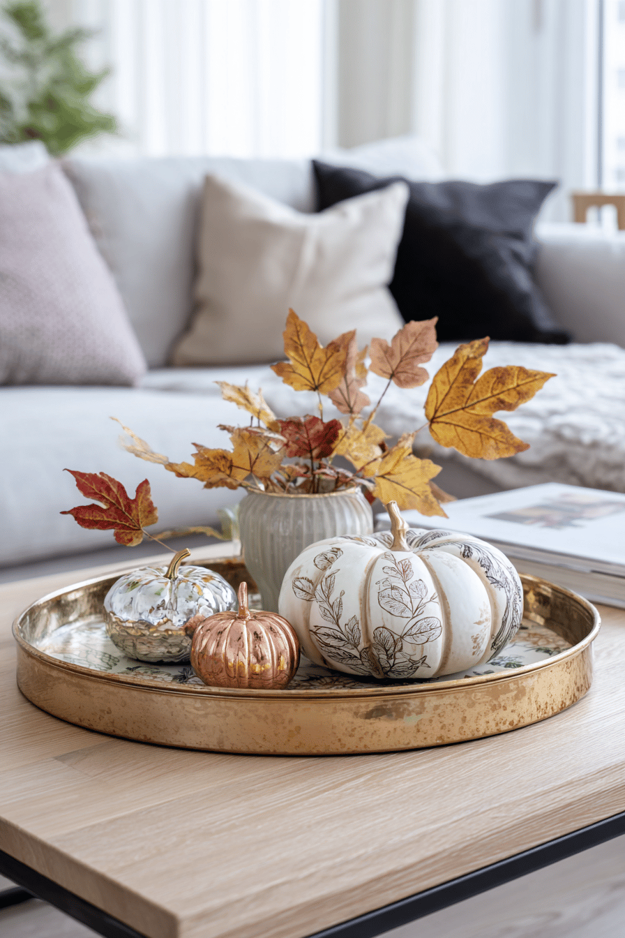 Ein Deko-Tablett mit metallischen Kürbissen und Herbstblättern auf einem Holztisch.