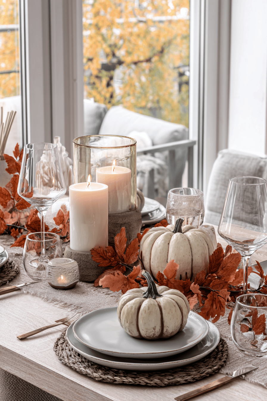 Ein stilvoll gedeckter Tisch mit Kerzen, Zierkürbissen und orangenen Herbstblättern vor einem Fenster.