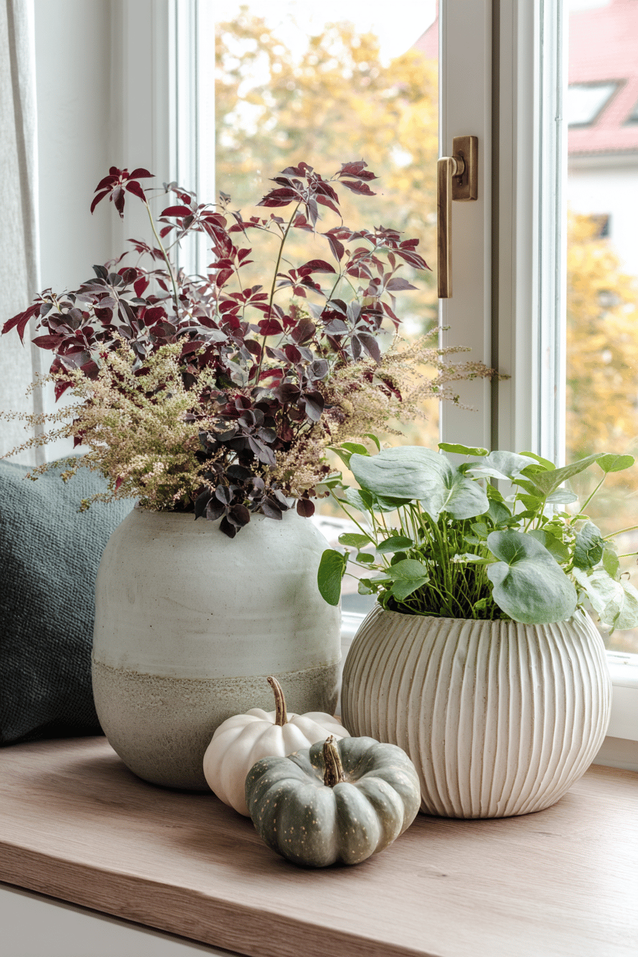 Moderne Herbstdekoration mit Pflanzen in stilvollen Töpfen und Zierkürbissen auf einer Fensterbank.
