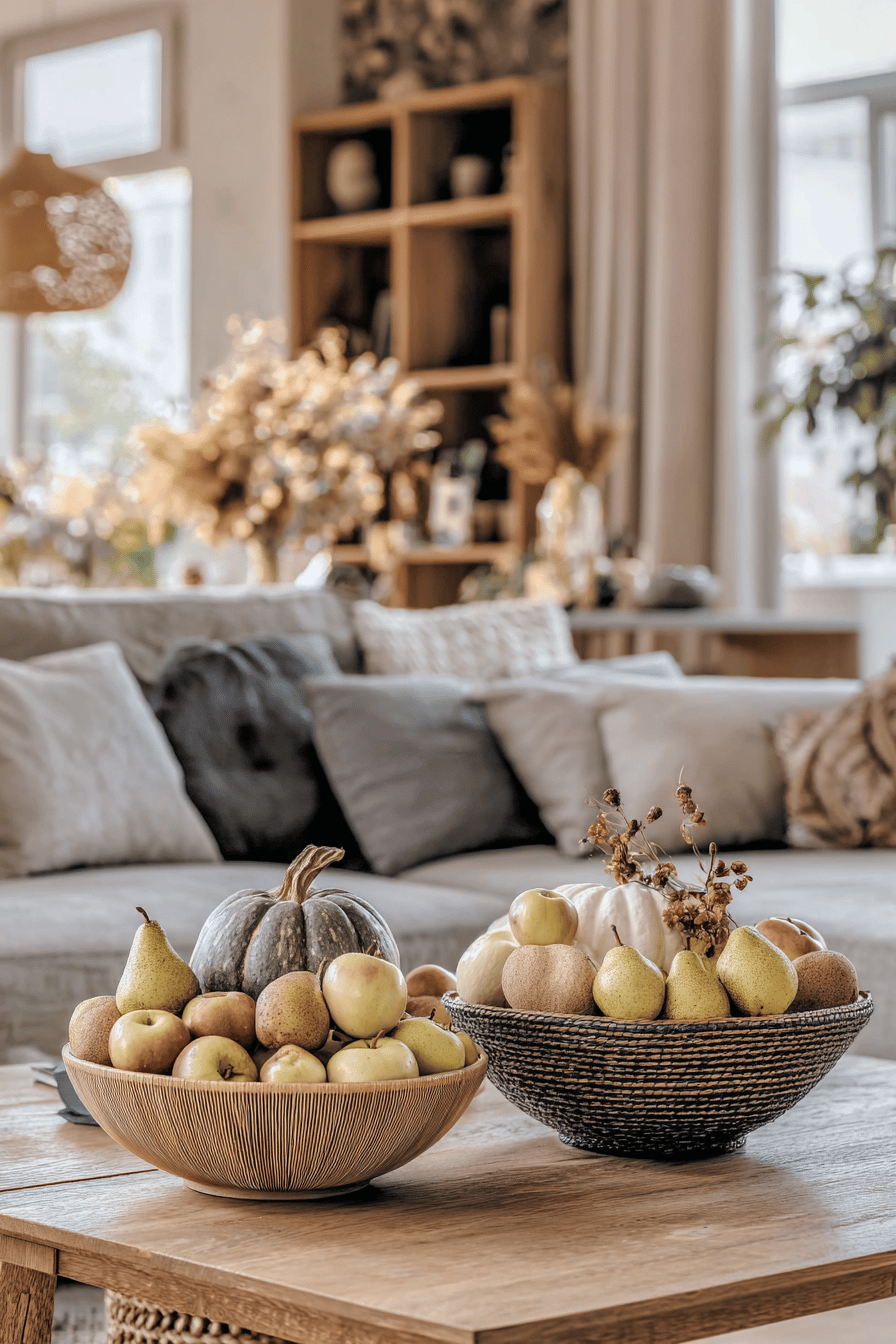 Ein Wohnzimmer mit gemütlicher Herbstdekoration. Zwei Obstschalen mit Äpfeln, Birnen und Kürbissen stehen auf einem Holztisch.