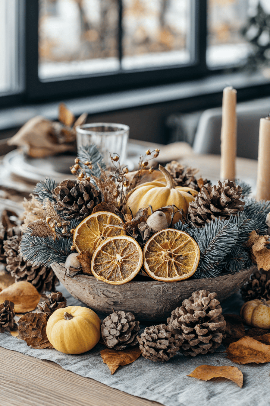 Herbstliches Tischarrangement mit getrockneten Orangenscheiben, Kürbissen und Tannenzapfen.