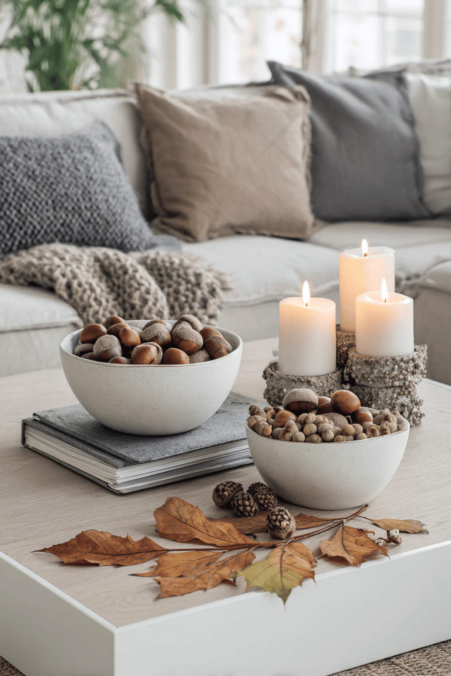 Moderne Herbstdekoration mit Schalen voller Kastanien und Eicheln auf einem Tisch