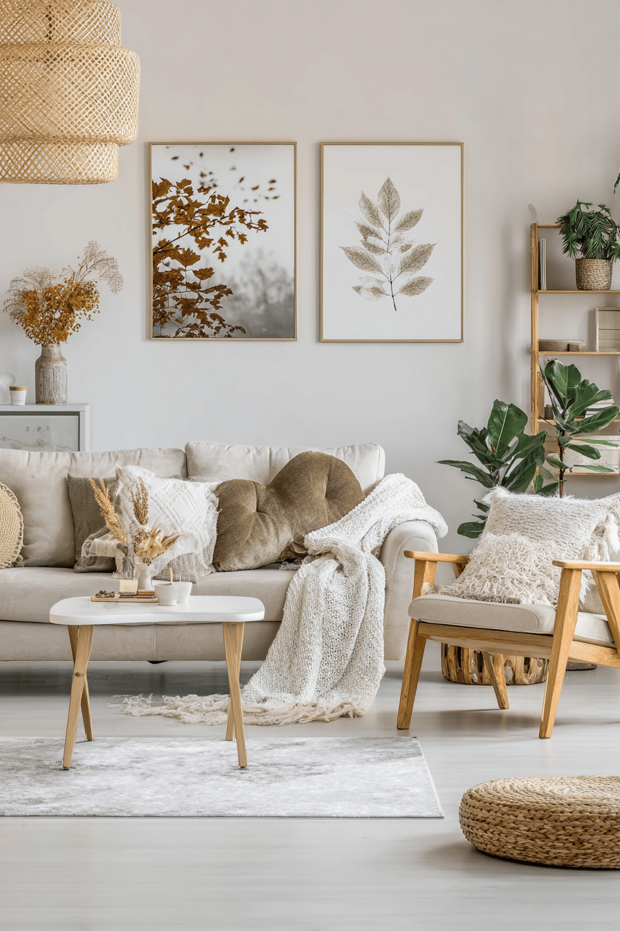 Stilvolles Wohnzimmer mit nordischen Wandbildern und natürlichen Textilien.
