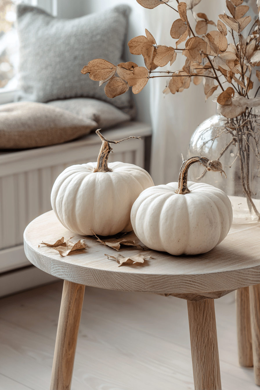 Zwei weiße Kürbisse und getrocknete Blätter auf einem Holztisch als skandinavische Herbstdeko.