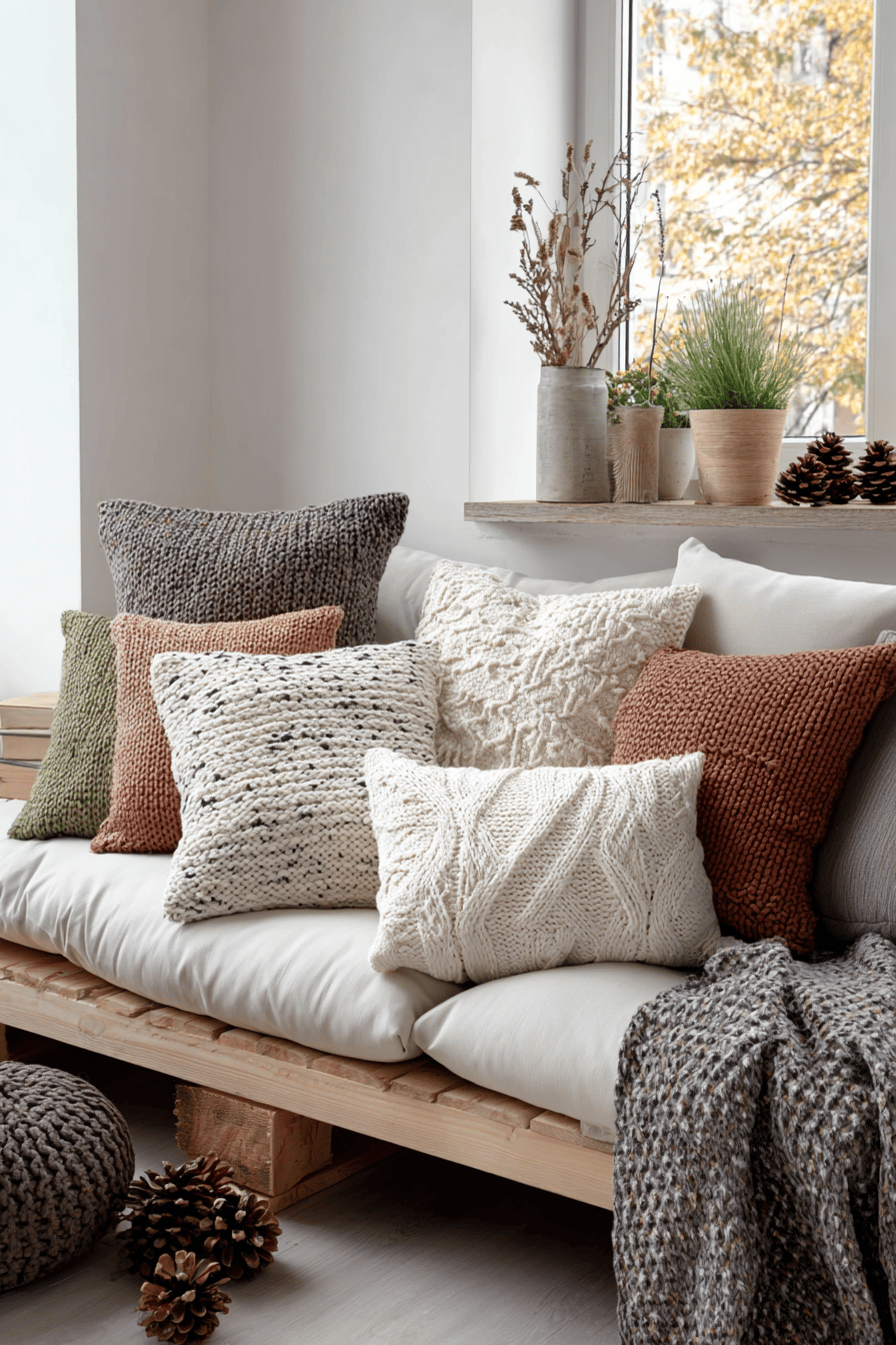 Eine gemütliche Couch mit Strickkissen in warmen Herbstfarben.