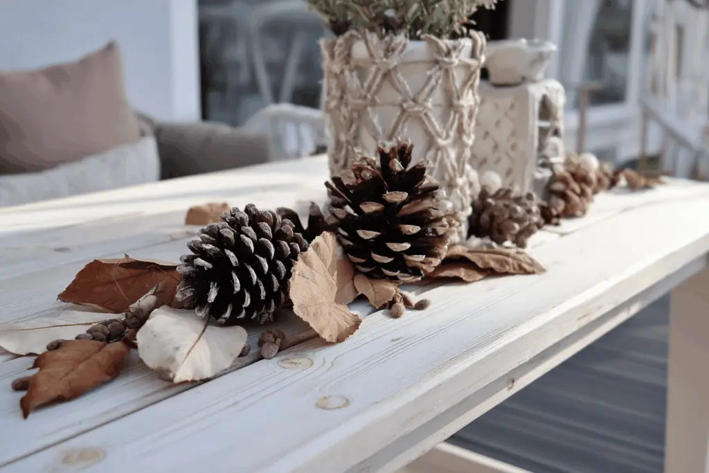 Herbstdekoration mit Kiefernzapfen auf Holztisch