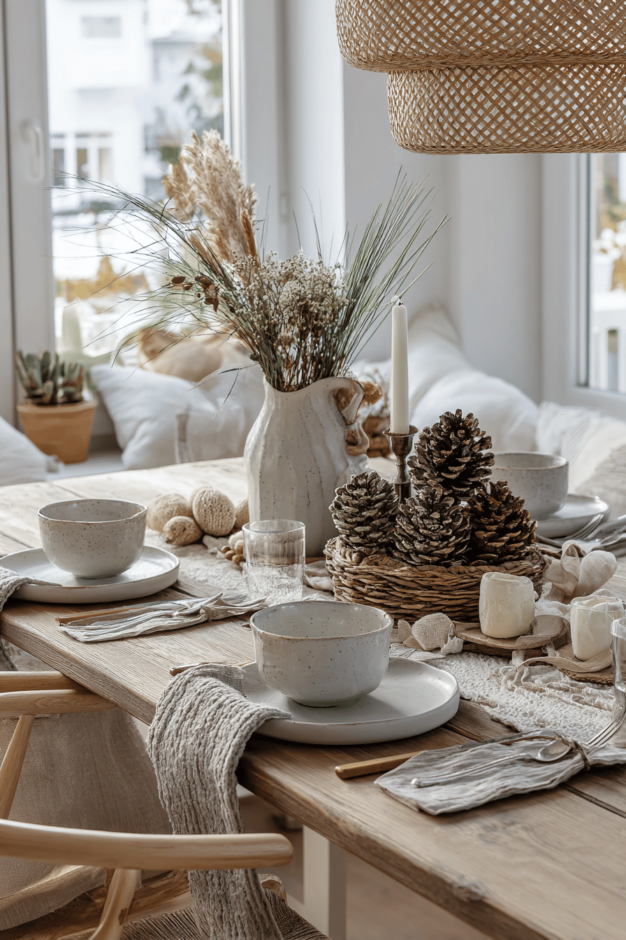 Tischdekoration im skandinavischen Stil mit Zapfen, Kerzen und Naturmaterialien.