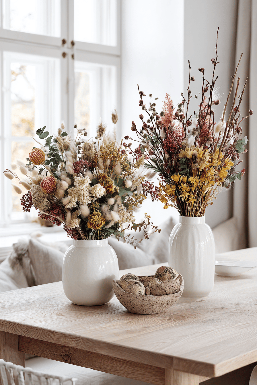 Zwei Vasen mit Trockenblumen stehen auf einem Holztisch in einem hellen Raum.