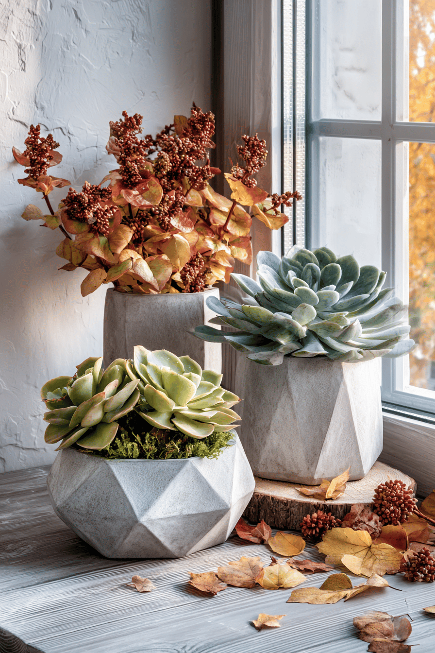 Moderne Herbstdeko mit Sukkulenten in geometrischen Töpfen auf einem Holztisch.