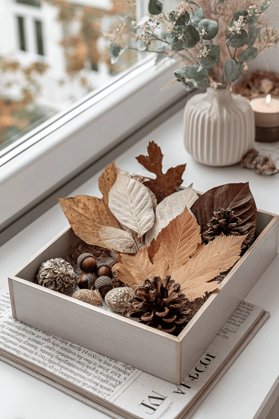 Herbstdekoration auf einem Tablett mit bunten Blättern und Tannenzapfen.