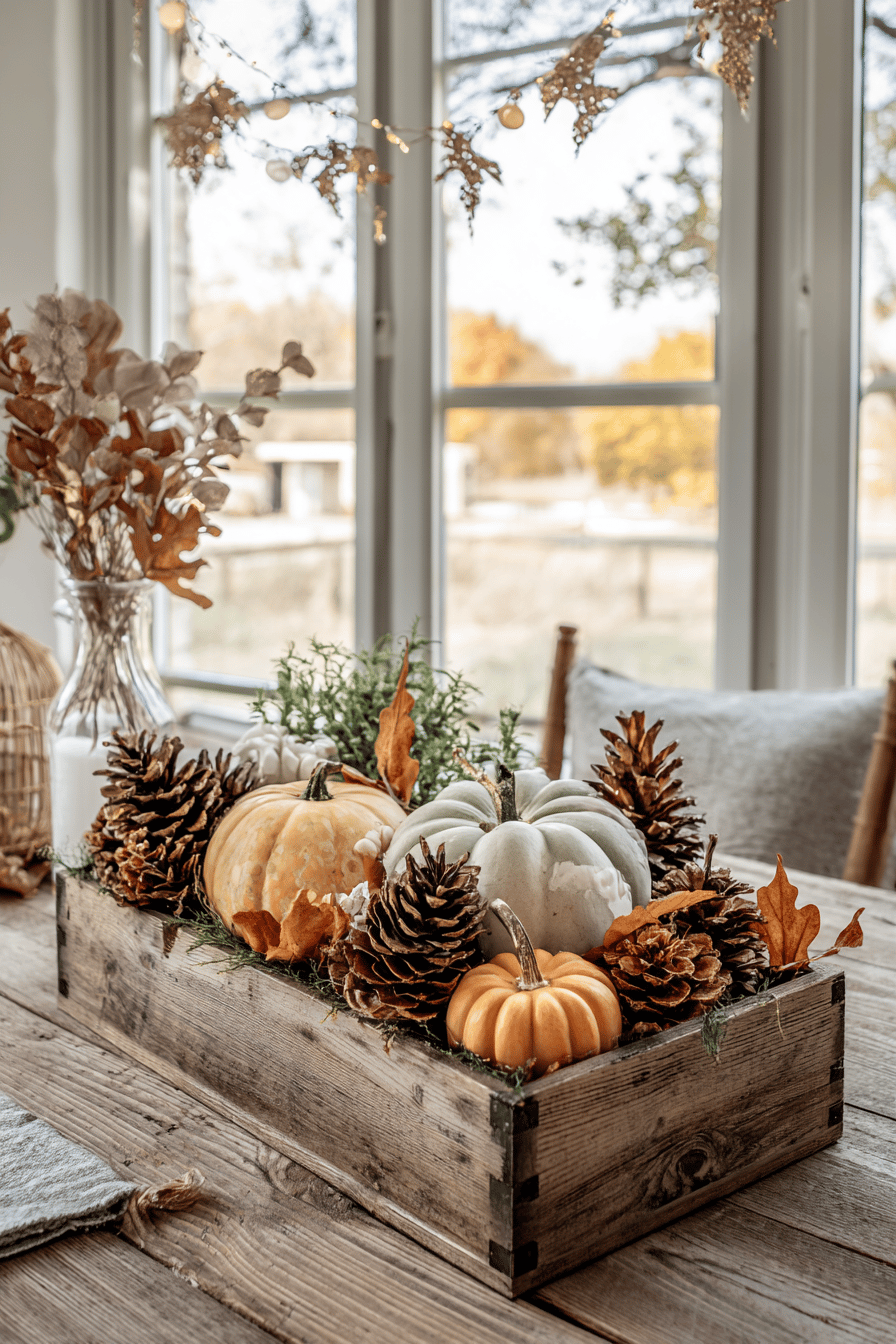 Ein dekoratives Tablett mit Kürbissen, Tannenzapfen und Herbstlaub auf einem Holztisch.