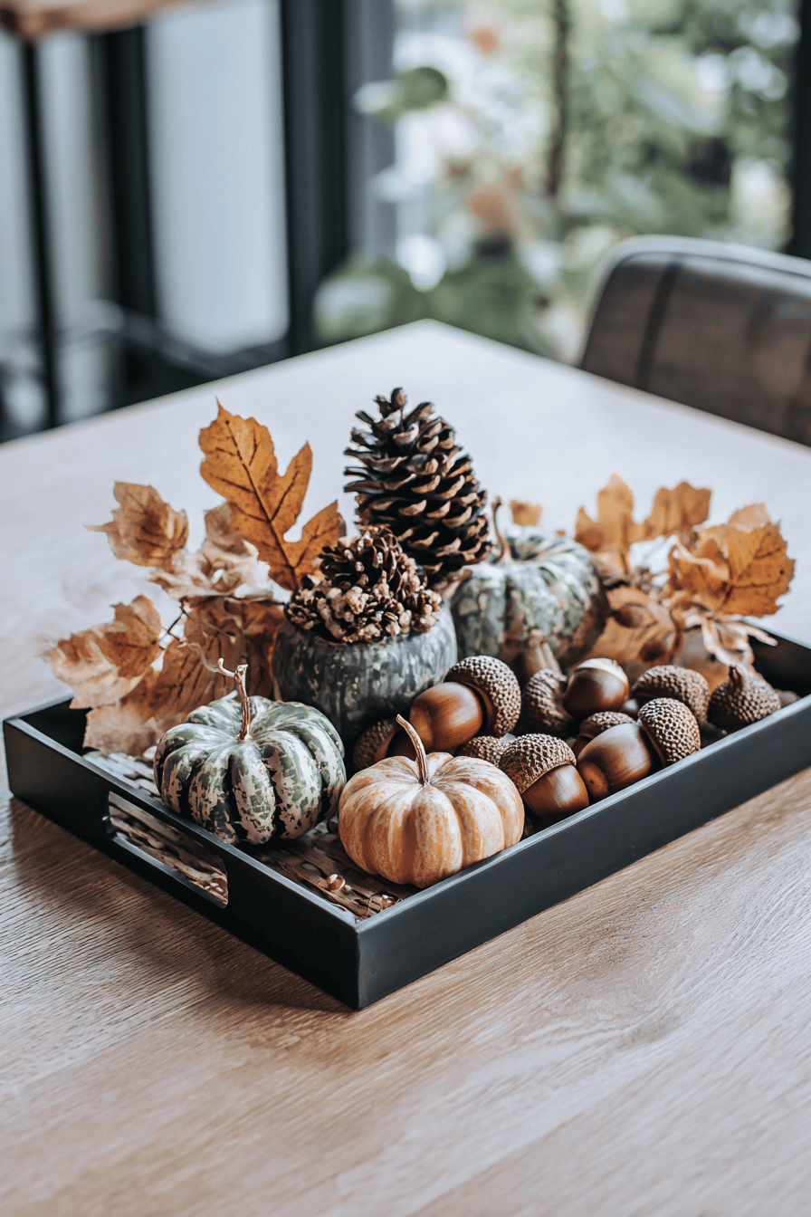 Dekoratives Tablett mit Kürbissen, Tannenzapfen, Kastanien und Herbstblättern.