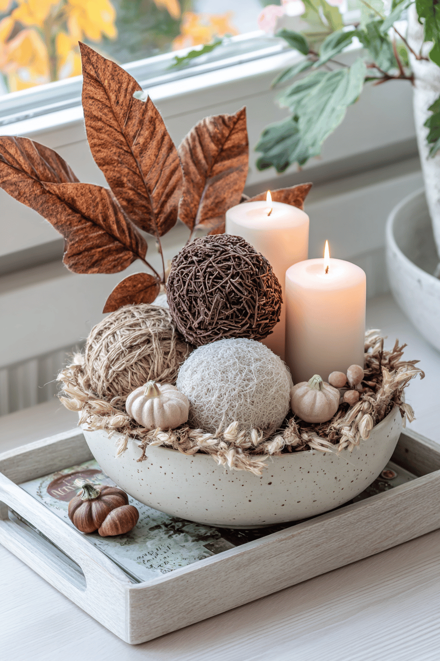 Herbstliches Tablett mit Kerzen, Deko-Kugeln und kleinen Kürbissen.