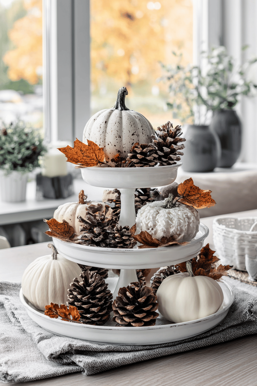 Ein herbstlich dekoriertes Etagere mit Kürbissen, Tannenzapfen und bunten Blättern.