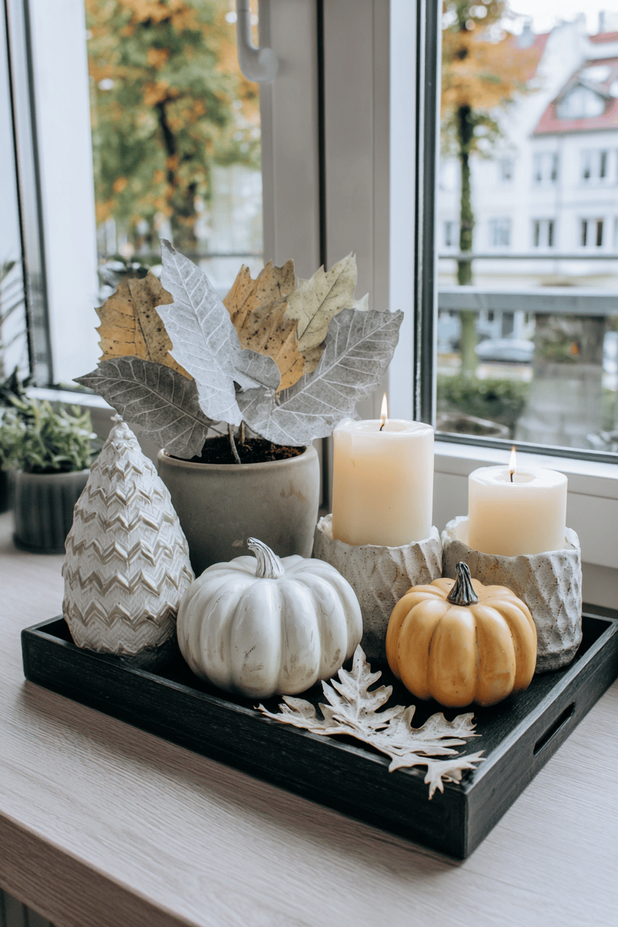 Ein herbstlich dekoriertes Tablett mit Kerzen, Zierkürbissen und Blättern auf einer Fensterbank.