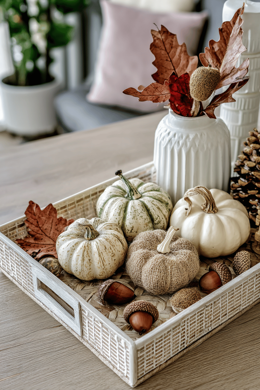Dekoratives Tablett mit weißen und beigen Mini-Zierkürbissen, Eicheln und Herbstblättern.