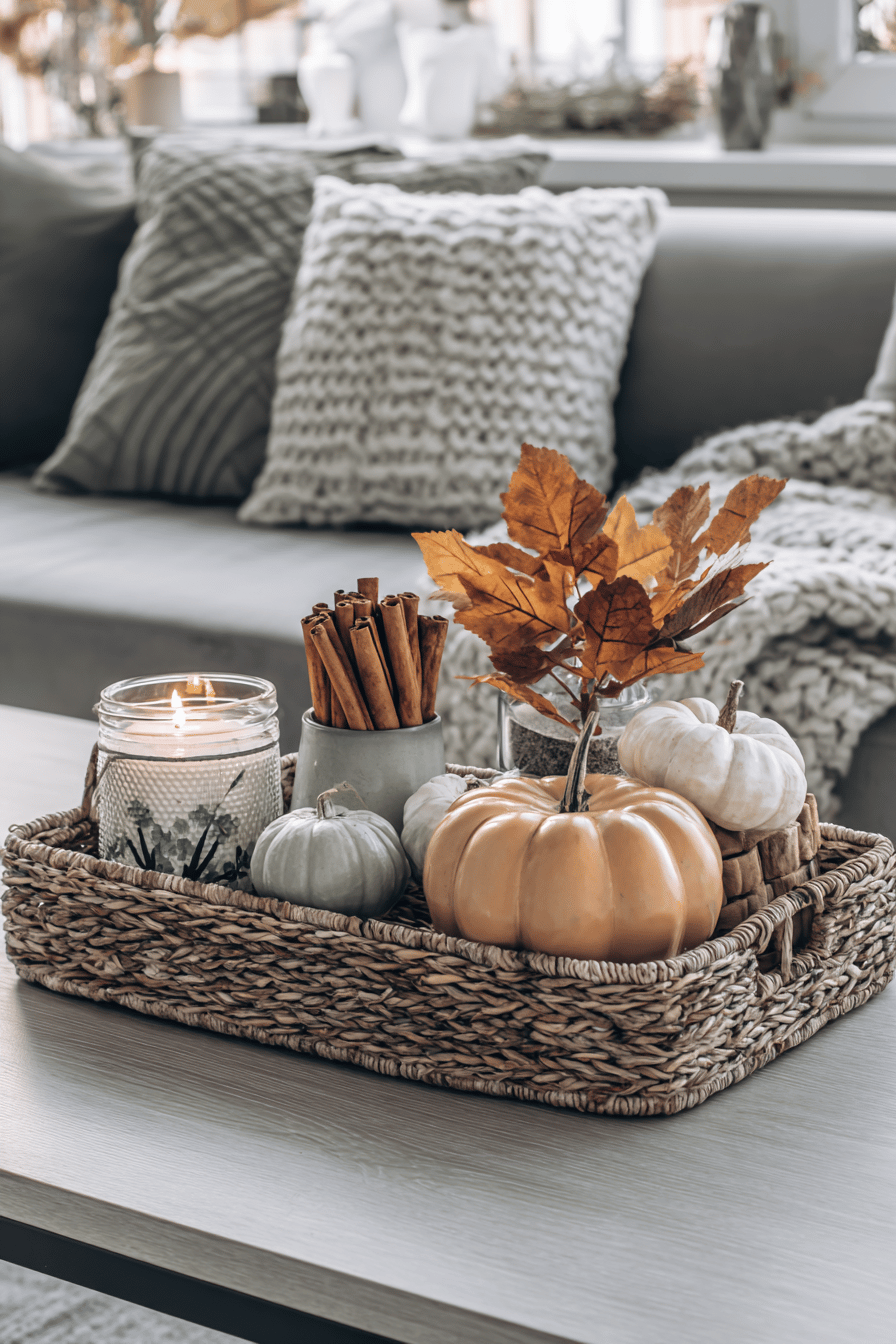 Ein dekoratives Tablett mit Kürbissen, Zimtstangen, einer Kerze und Herbstblättern auf einem Tisch.