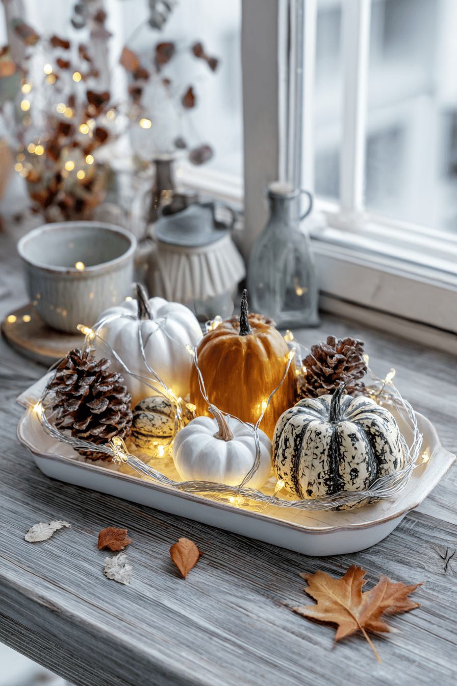 Tablett mit Kürbissen, Tannenzapfen und LED-Lichterkette.