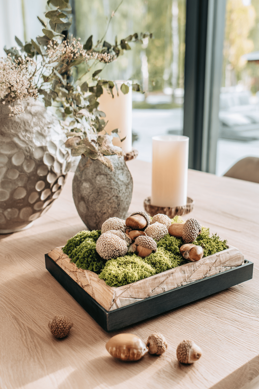 Ein dekoratives Tablett mit Moos und Eicheln, umgeben von rustikalen Vasen und Kerzen.