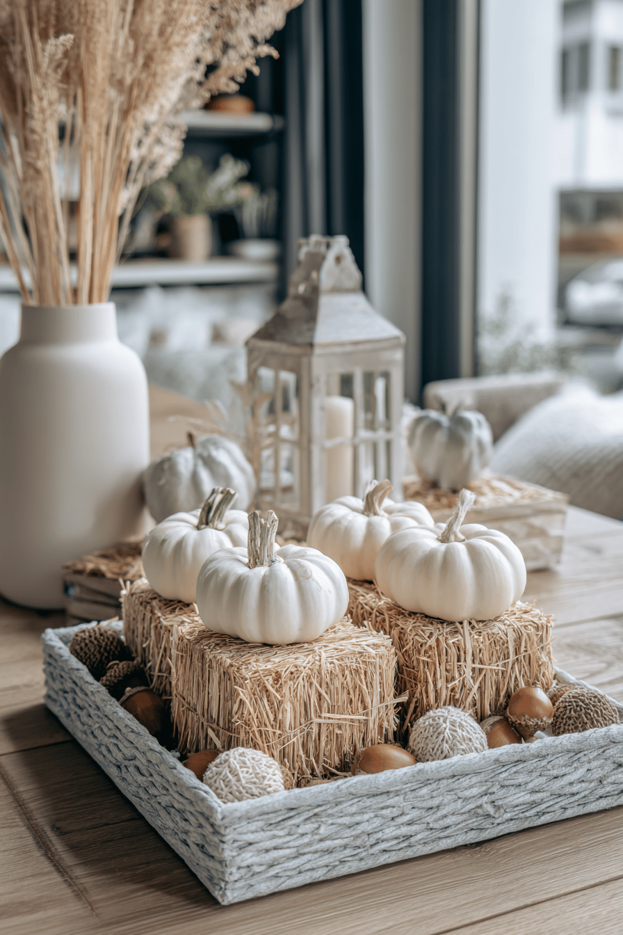 Herbstliches Tablett mit Mini-Strohballen und weißen Kürbissen dekoriert.