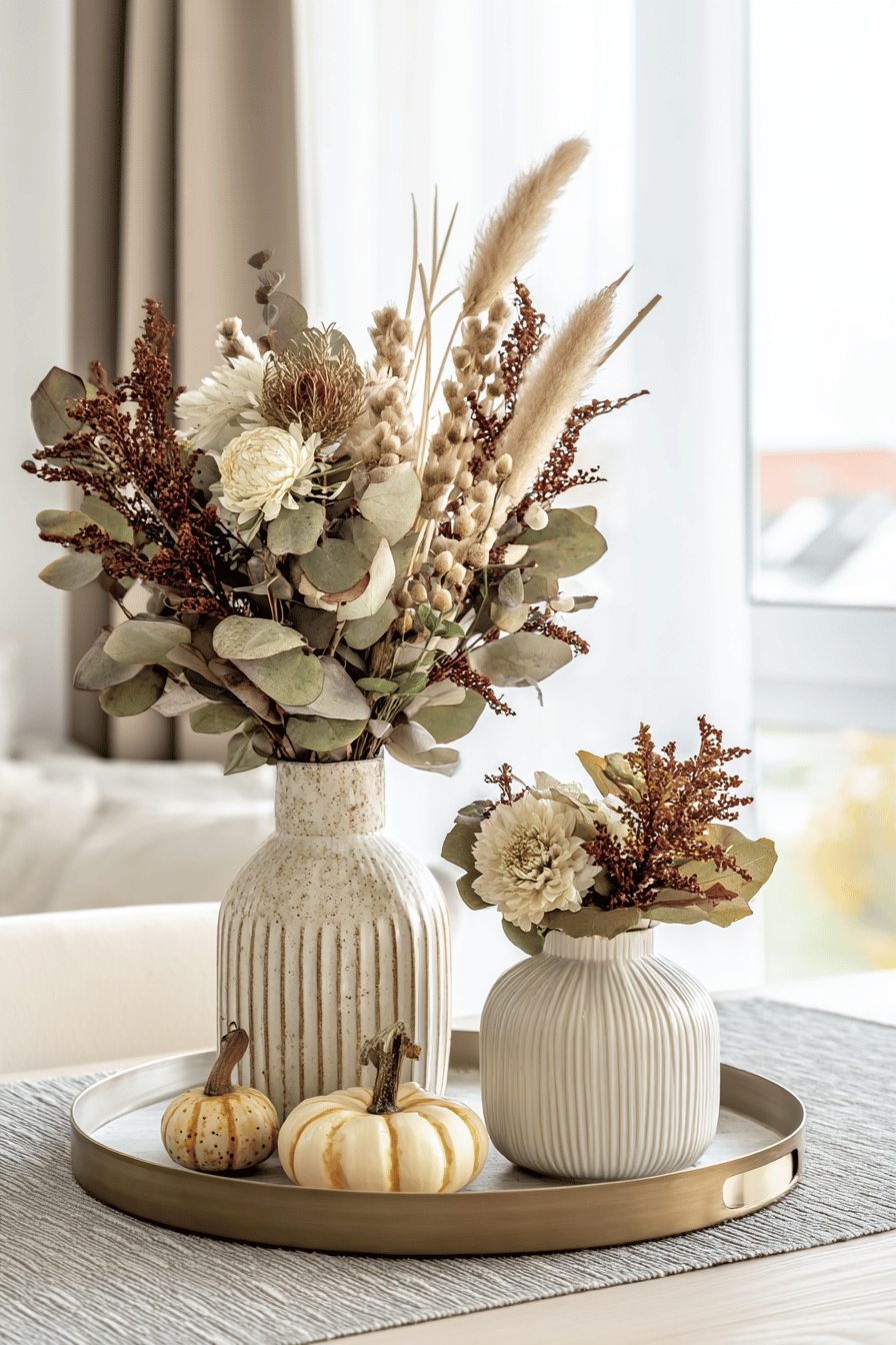 Herbstliche Dekovasen mit getrockneten Blumen und Mini-Kürbissen auf einem Tablett.