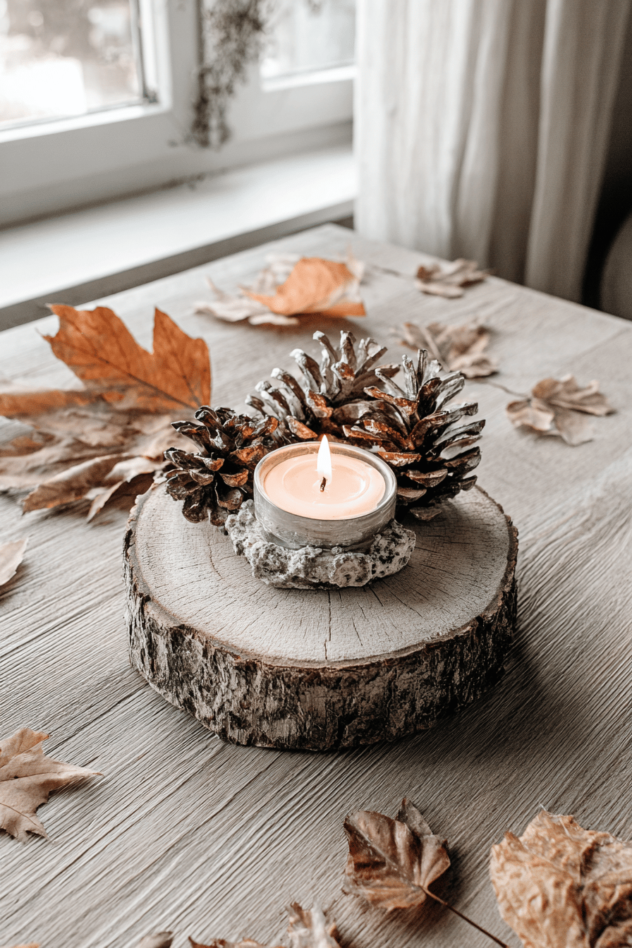 Teelichthalter aus Baumscheiben mit Zapfen und Herbstblättern auf einem Tisch.
