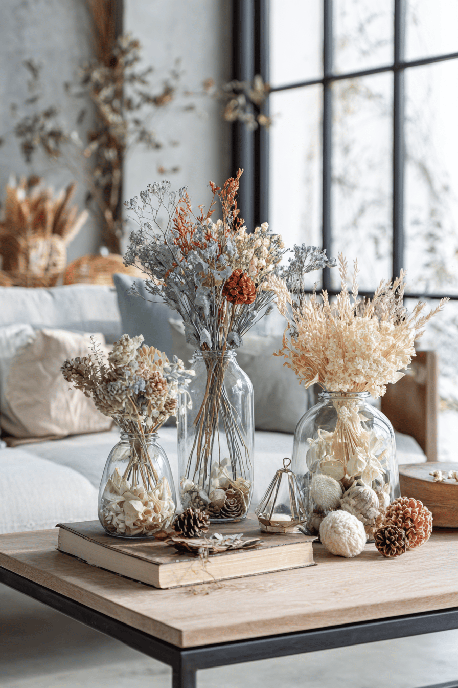 Drei Glasvasen mit stilvollen Trockenblumenarrangements auf einem Holztisch.