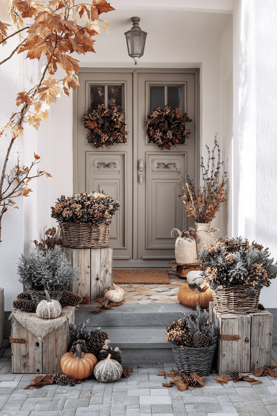Ein herbstlich dekorierter Hauseingang mit Holzboxen, Kürbissen und Kränzen an der Tür.