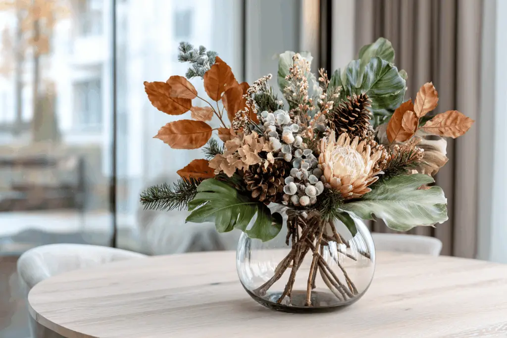Herbstliches Blumenarrangement auf Holztisch