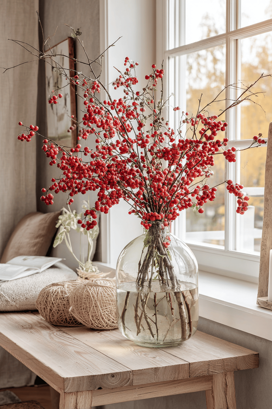 Große Glasvase auf einem Tisch, gefüllt mit roten Beeren und Zweigen.